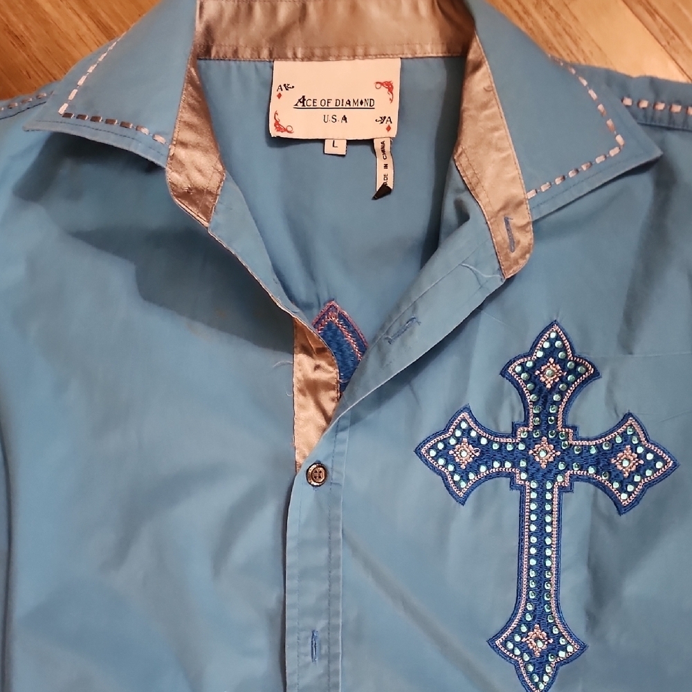 Ace of Diamond Blue Embroidered Cross Western Shirt Men’s Long Sleeve - Picture 7 of 13